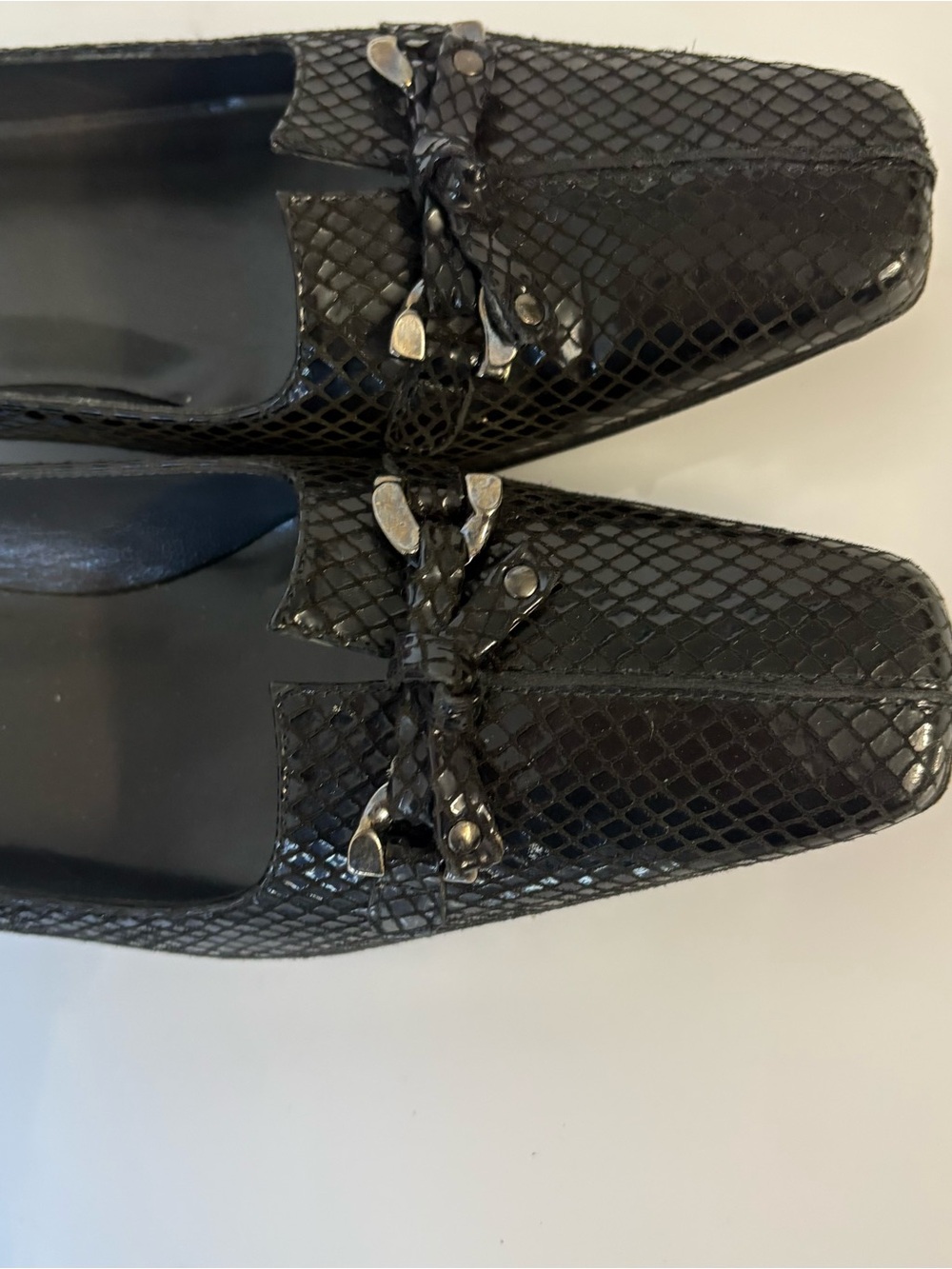 Stuart Weitzman Black Snake-Embossed Slip-On  with Silver Accents